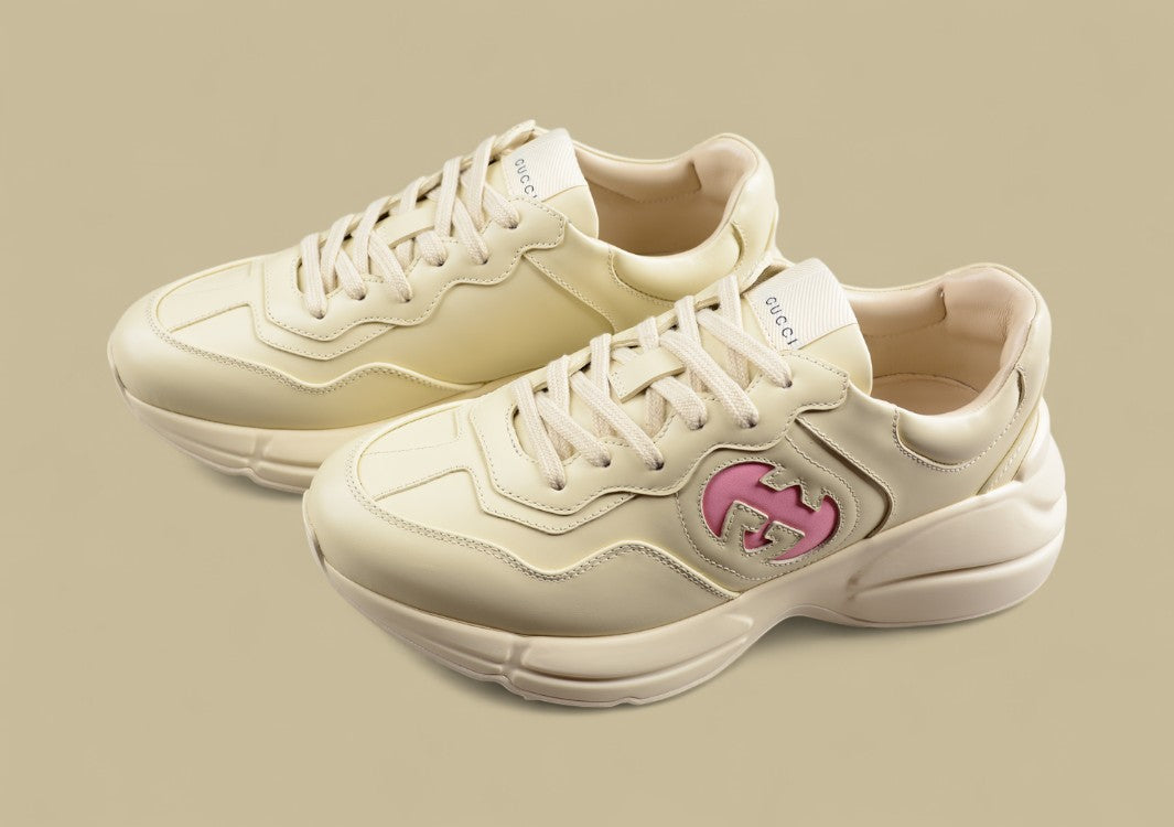 Gucci Rhyton Triple Cream Sneakers Minimalist Chunky Sole Trainers in Monochrome Leather