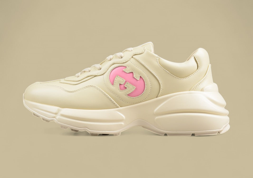 Gucci Rhyton Triple Cream Sneakers Minimalist Chunky Sole Trainers in Monochrome Leather