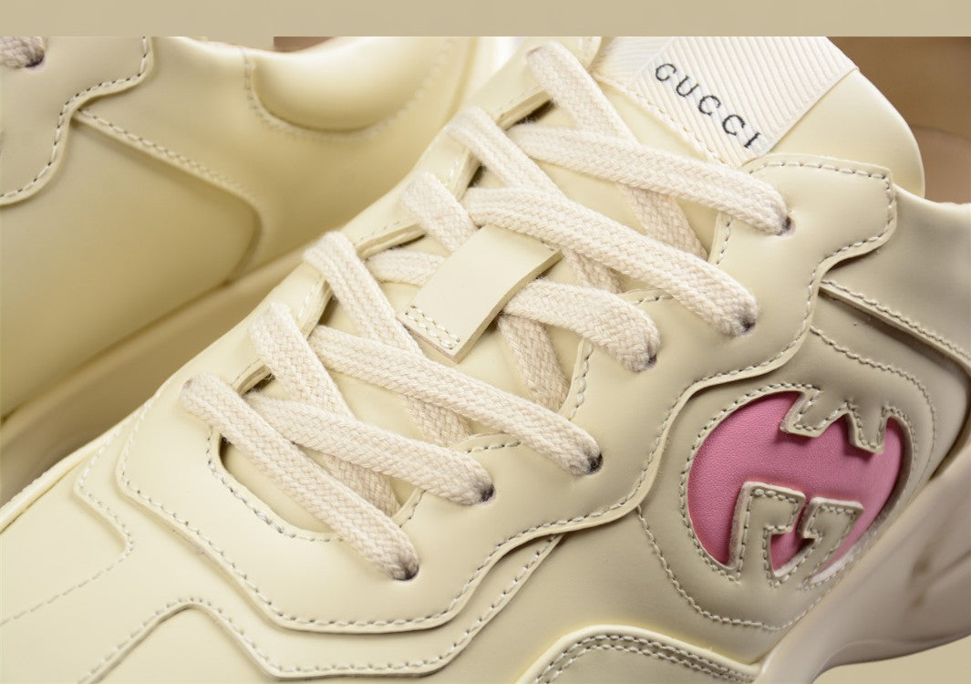 Gucci Rhyton Triple Cream Sneakers Minimalist Chunky Sole Trainers in Monochrome Leather
