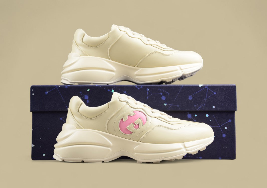 Gucci Rhyton Triple Cream Sneakers Minimalist Chunky Sole Trainers in Monochrome Leather