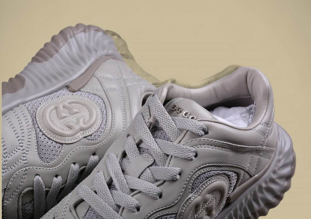 Gucci Run Sneakers Cool Grey Sculpted Sole Trainers with Tonal Mesh and Embossed GG