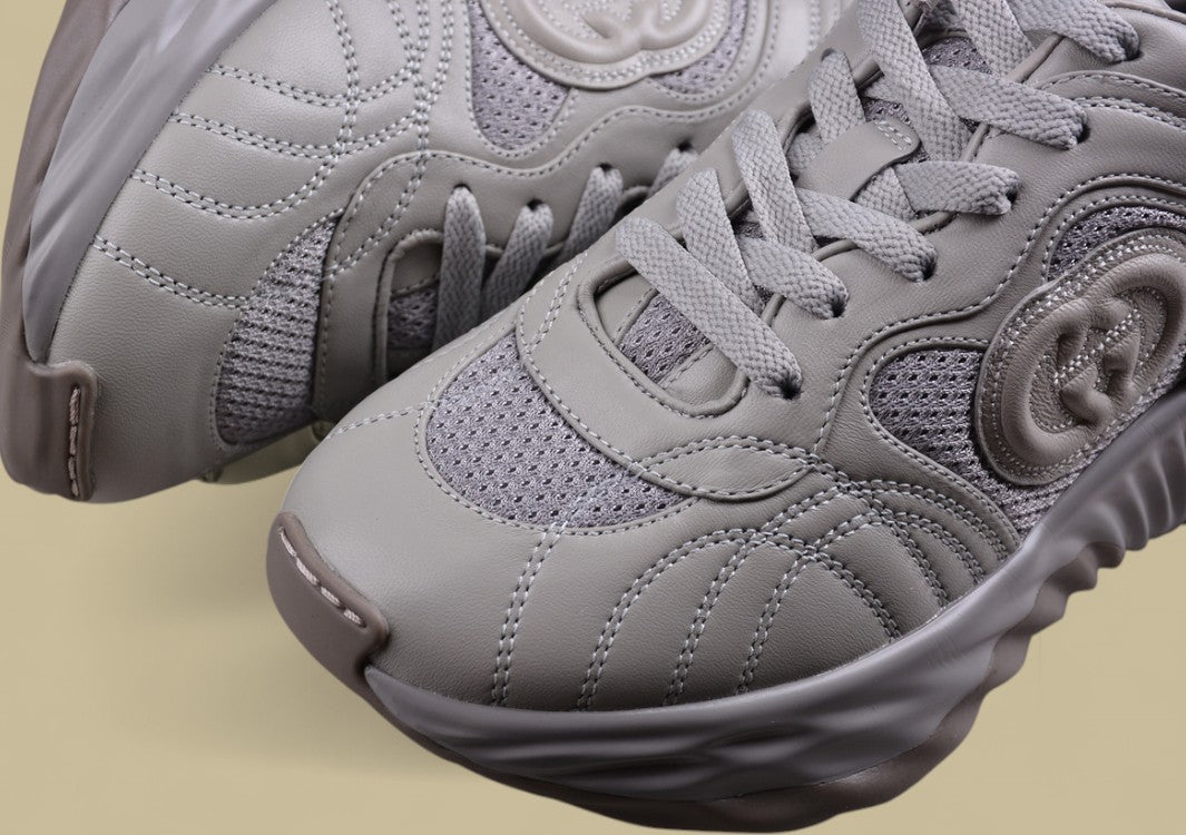 Gucci Run Sneakers Cool Grey Sculpted Sole Trainers with Tonal Mesh and Embossed GG