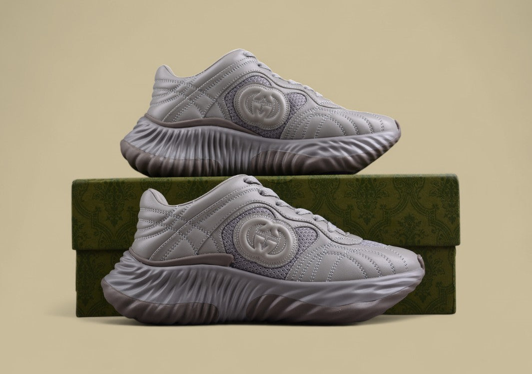 Gucci Run Sneakers Cool Grey Sculpted Sole Trainers with Tonal Mesh and Embossed GG