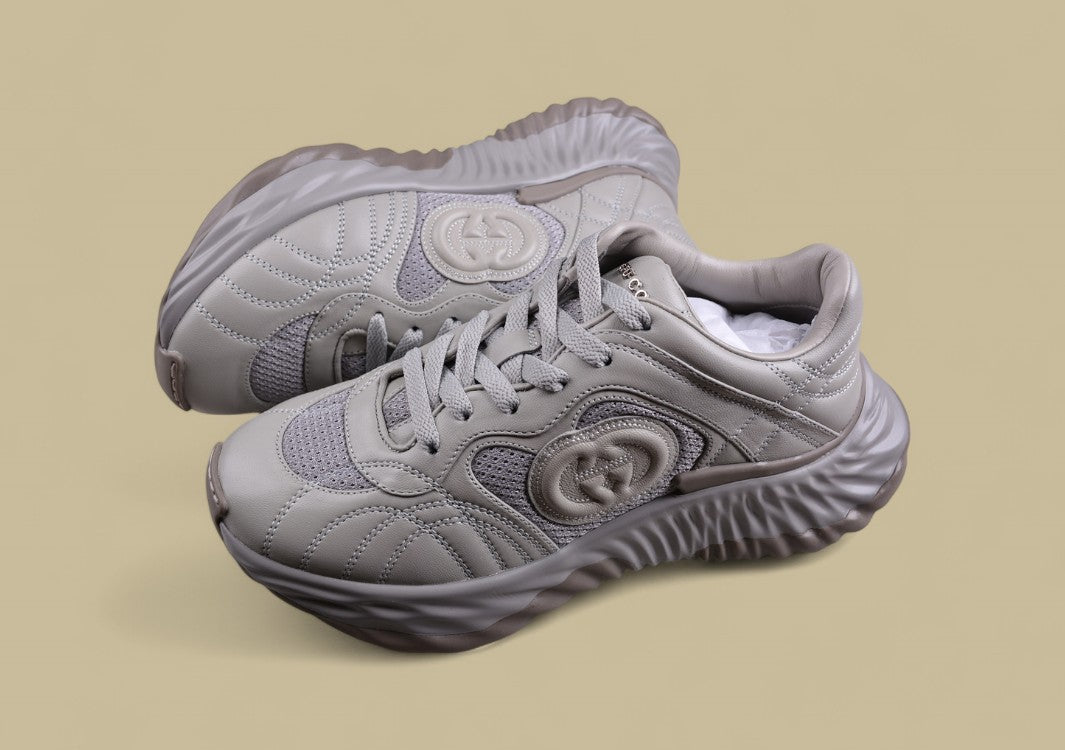 Gucci Run Sneakers Cool Grey Sculpted Sole Trainers with Tonal Mesh and Embossed GG
