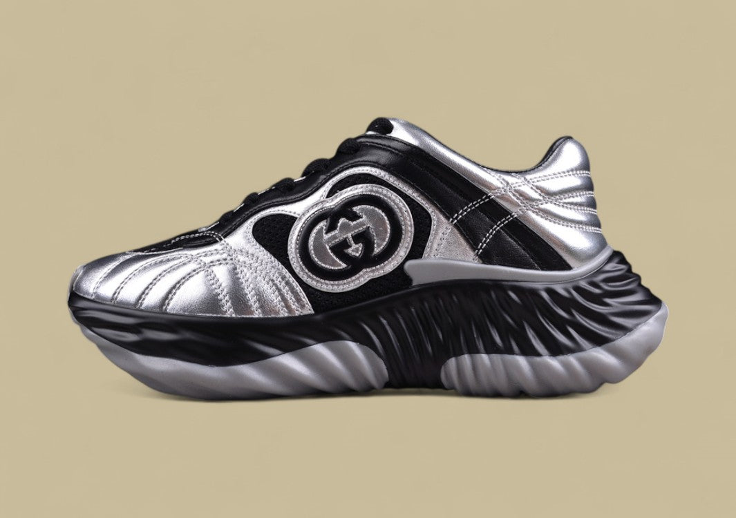 Gucci Run Sneakers Metallic Silver & Black Trainers with Sculpted Sole and GG Logo