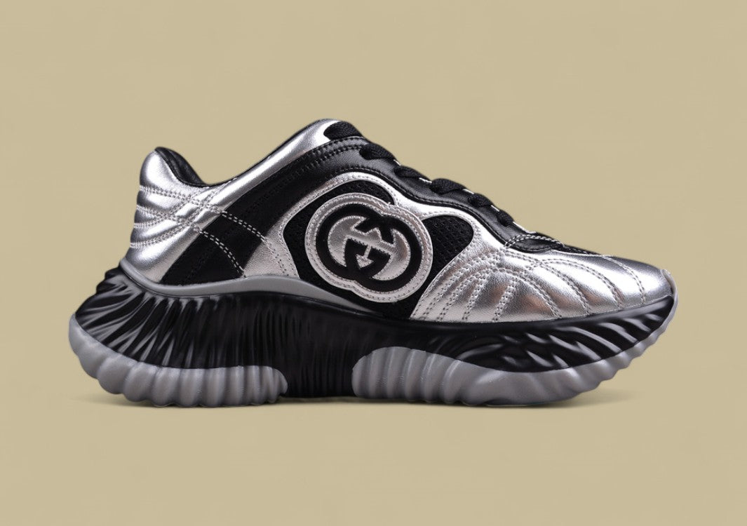 Gucci Run Sneakers Metallic Silver & Black Trainers with Sculpted Sole and GG Logo