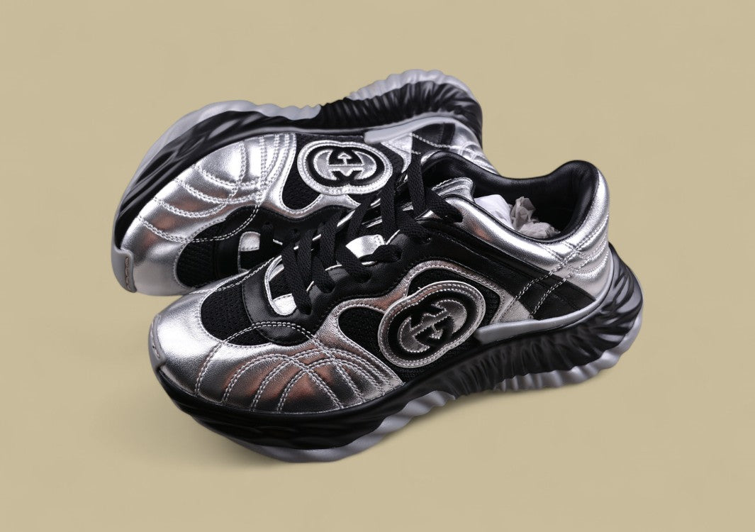 Gucci Run Sneakers Metallic Silver & Black Trainers with Sculpted Sole and GG Logo
