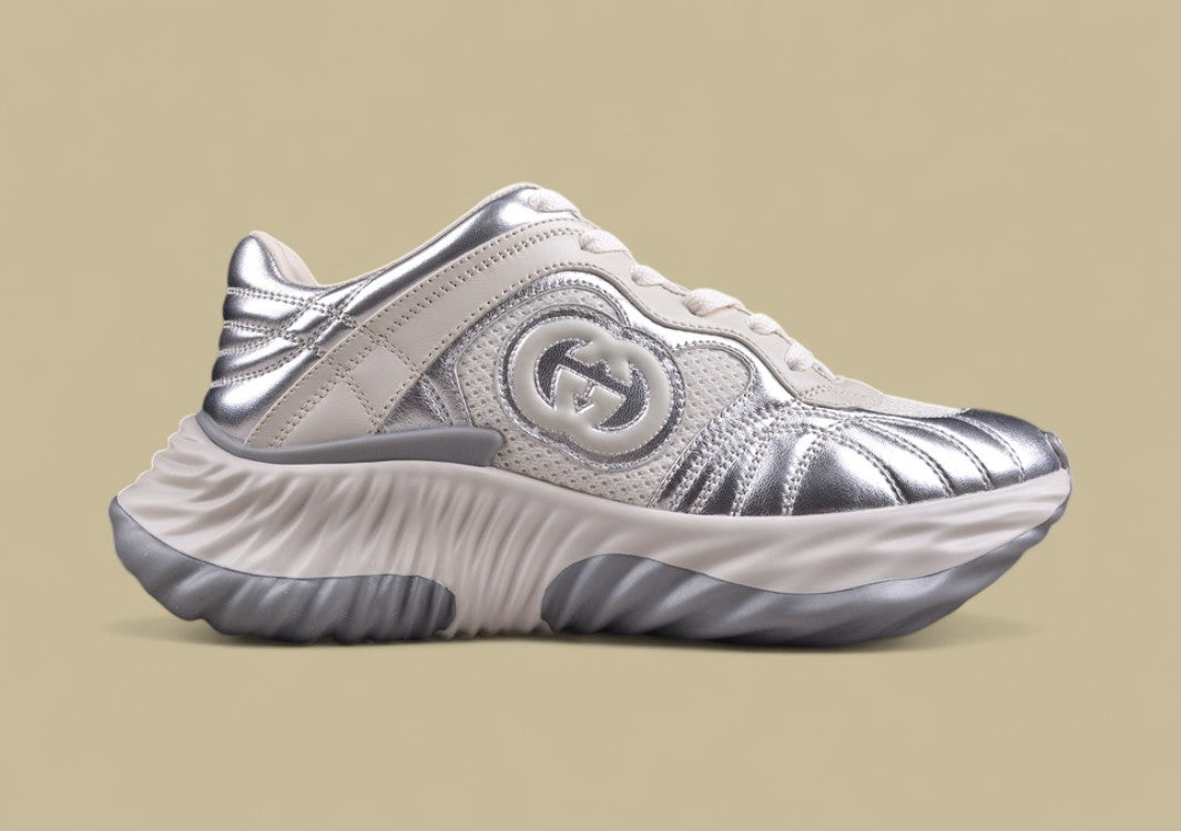 Gucci Run Sneakers Silver & Cream Sculpted Sole Trainers with Embossed GG Detail