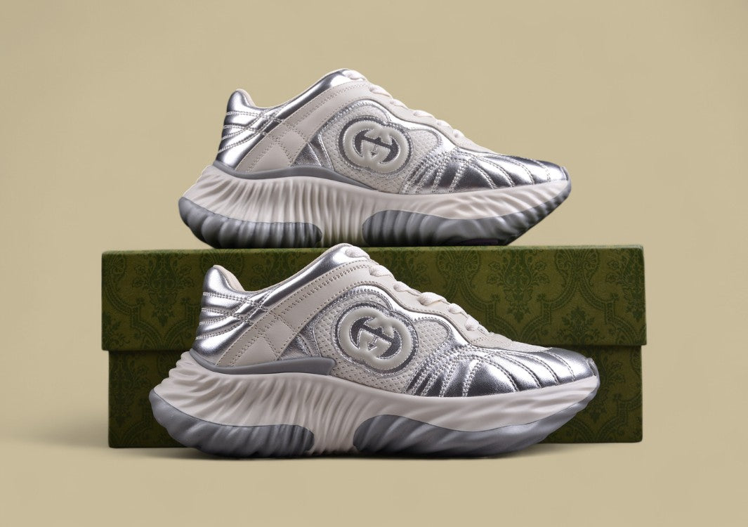 Gucci Run Sneakers Silver & Cream Sculpted Sole Trainers with Embossed GG Detail