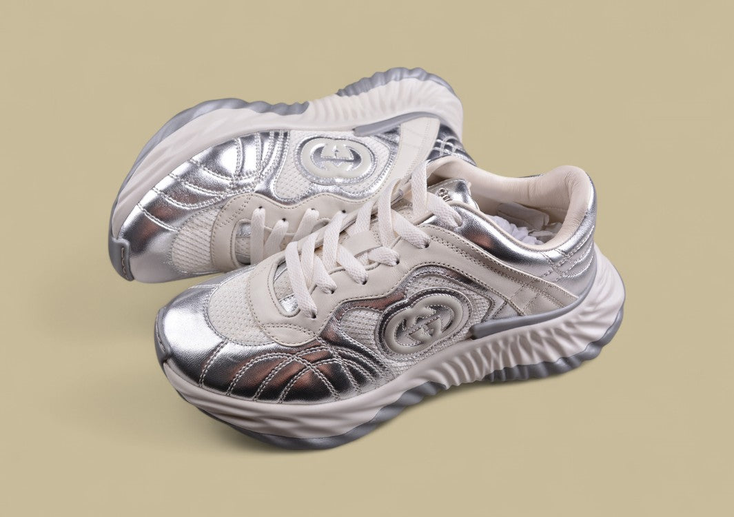 Gucci Run Sneakers Silver & Cream Sculpted Sole Trainers with Embossed GG Detail