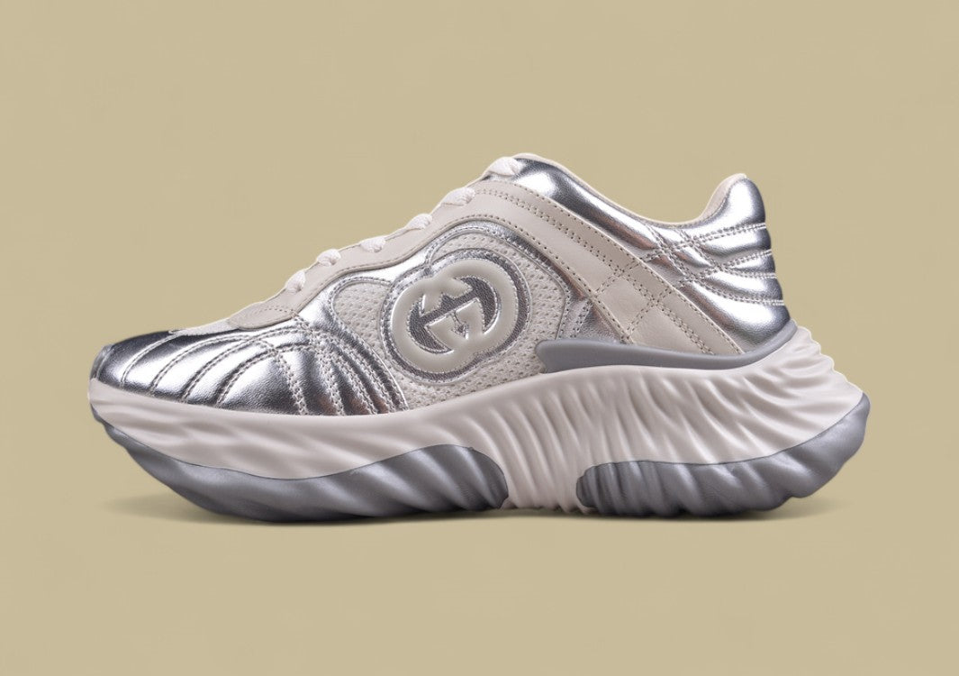 Gucci Run Sneakers Silver & Cream Sculpted Sole Trainers with Embossed GG Detail