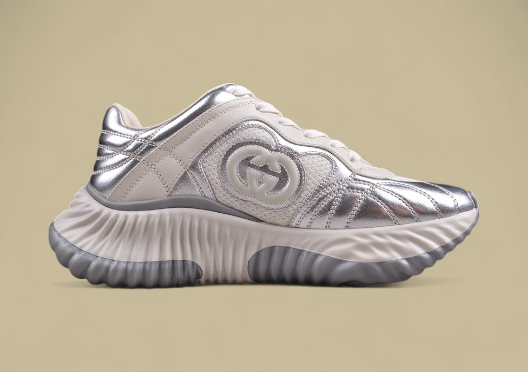 Gucci Run Sneakers Silver & Cream Sculpted Sole Trainers with Embossed GG Detail