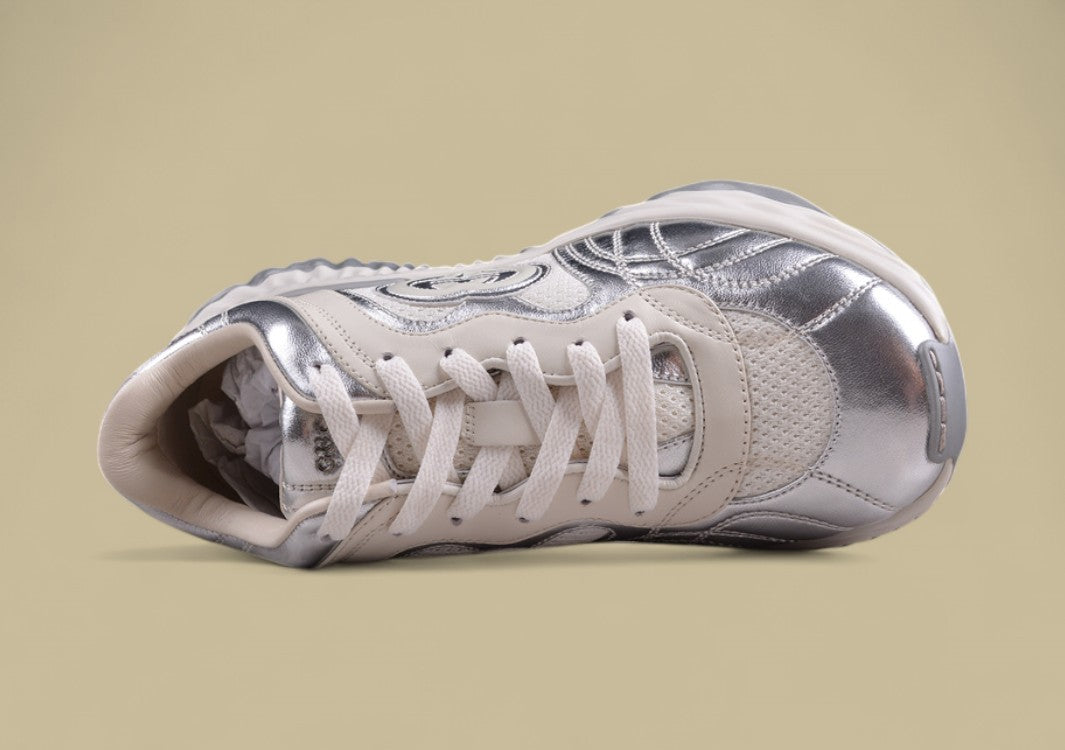 Gucci Run Sneakers Silver & Cream Sculpted Sole Trainers with Embossed GG Detail