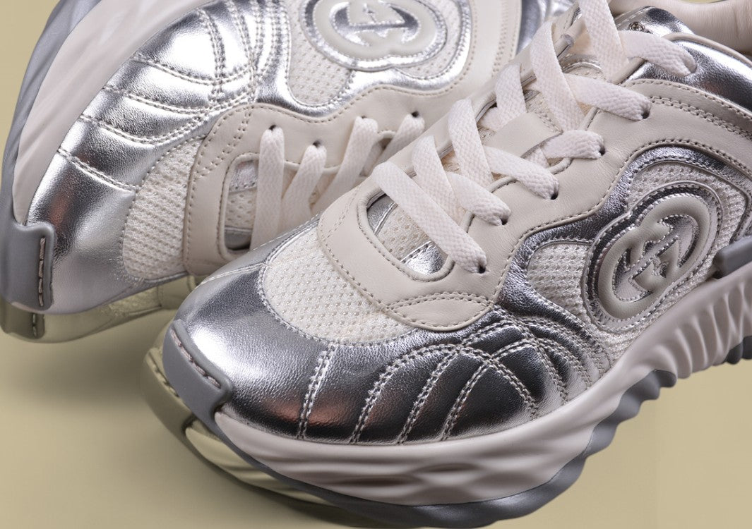 Gucci Run Sneakers Silver & Cream Sculpted Sole Trainers with Embossed GG Detail