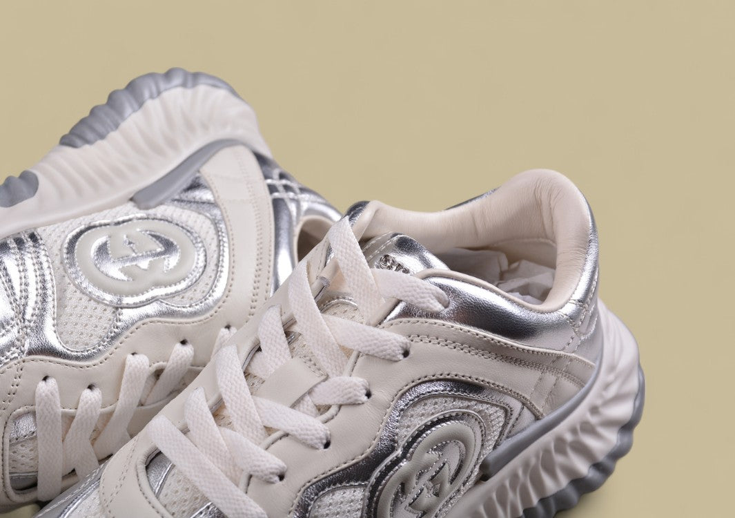 Gucci Run Sneakers Silver & Cream Sculpted Sole Trainers with Embossed GG Detail