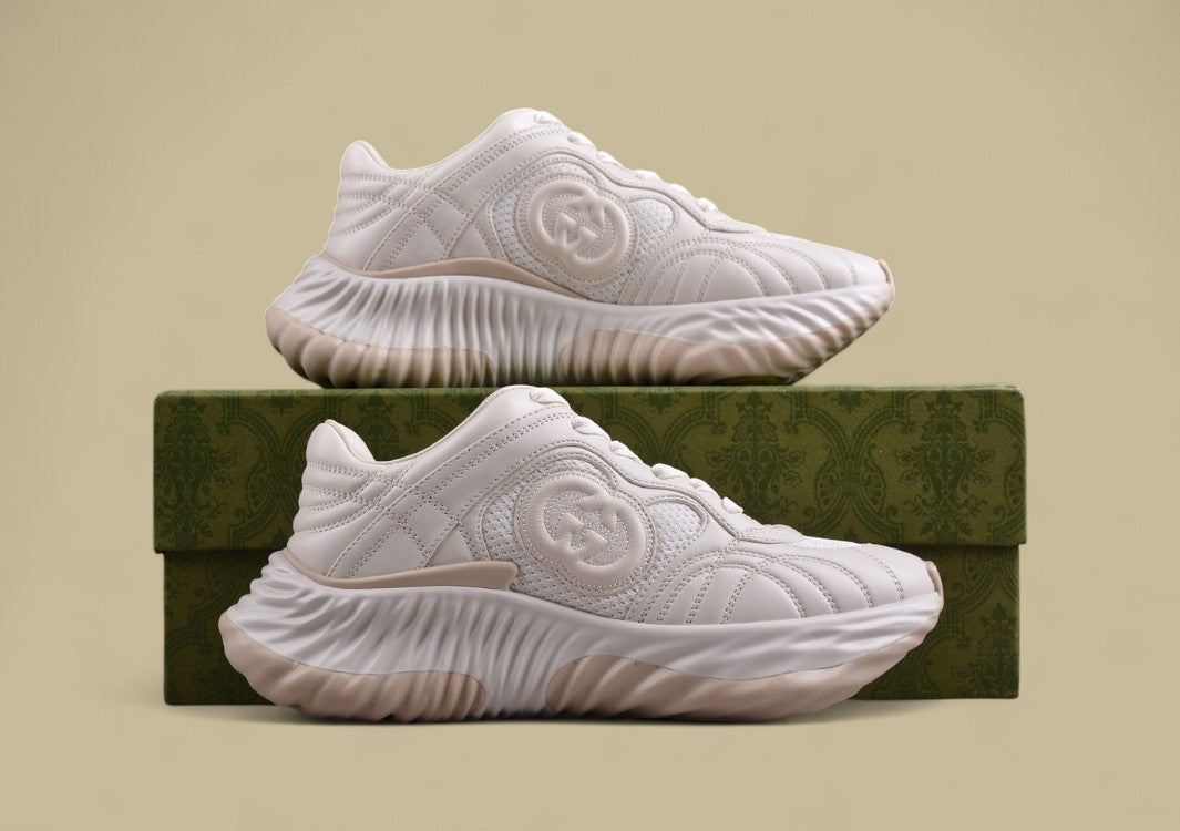 Gucci Run Sneakers Tonal Ivory Sculpted Sole Trainers with Embossed GG