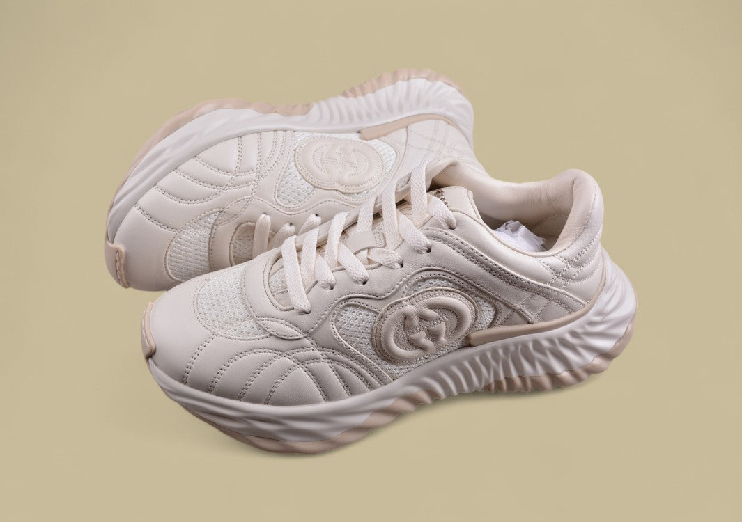 Gucci Run Sneakers Tonal Ivory Sculpted Sole Trainers with Embossed GG
