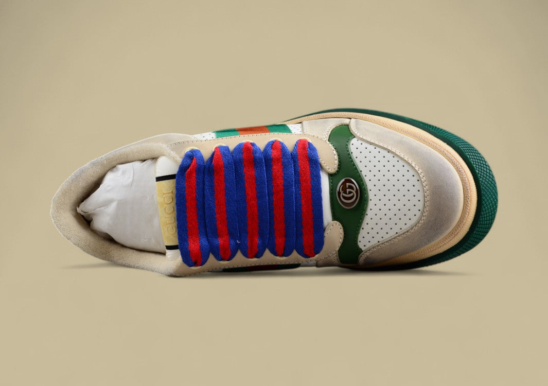 Gucci Screener Heritage Low Vintage White Perforated Leather with Web Stripe & Dual-Tone Laces