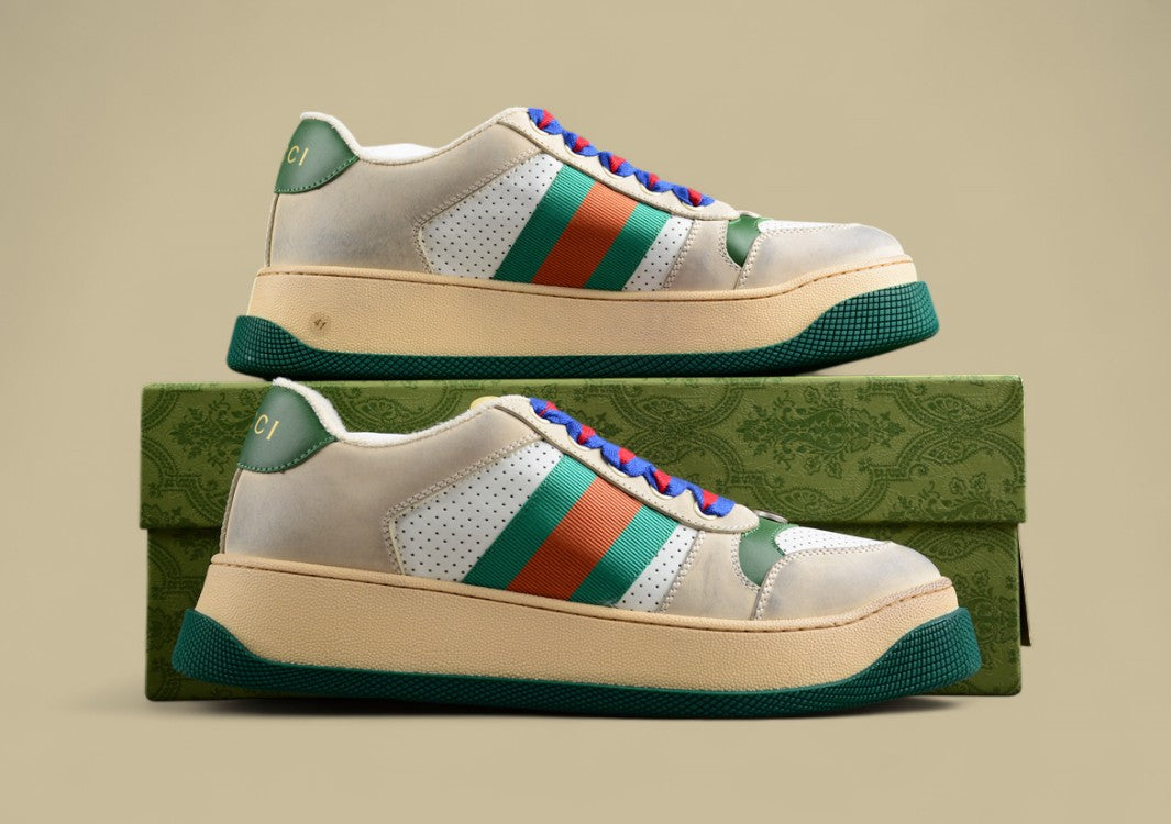 Gucci Screener Heritage Low Vintage White Perforated Leather with Web Stripe & Dual-Tone Laces