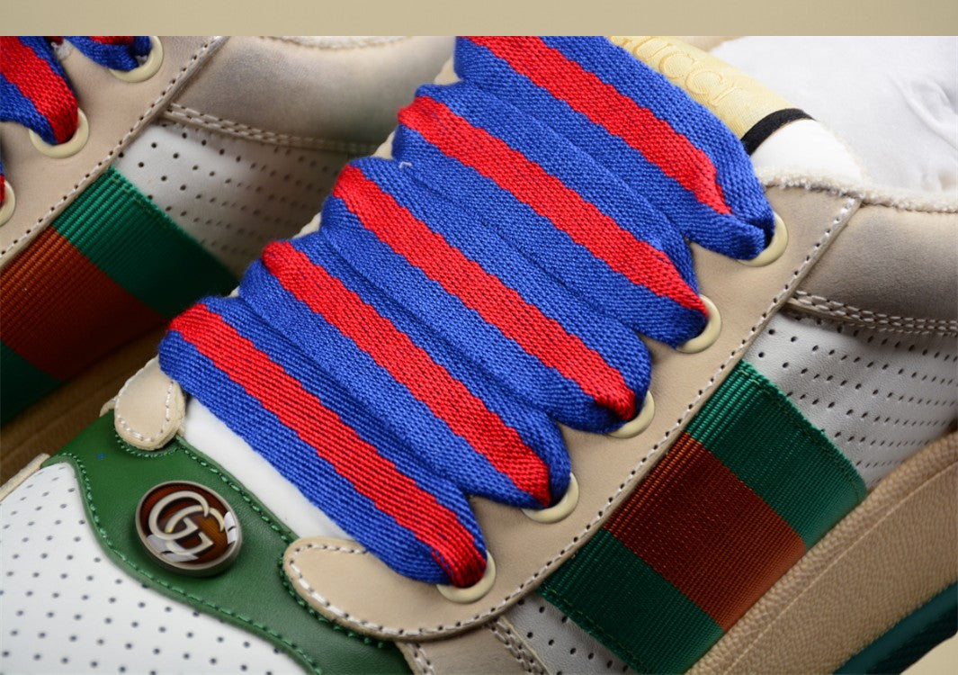 Gucci Screener Heritage Low Vintage White Perforated Leather with Web Stripe & Dual-Tone Laces