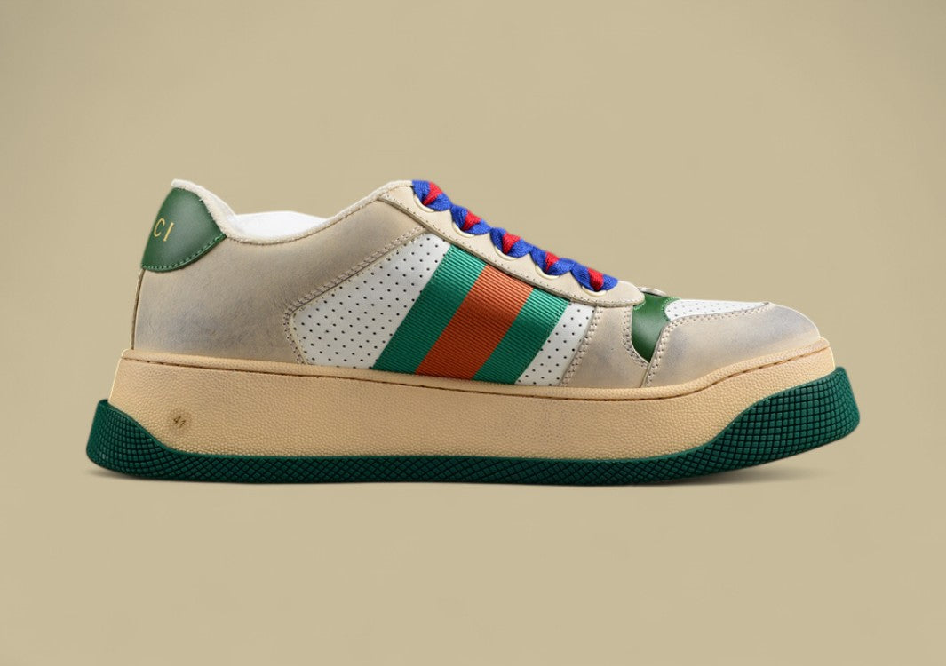 Gucci Screener Heritage Low Vintage White Perforated Leather with Web Stripe & Dual-Tone Laces
