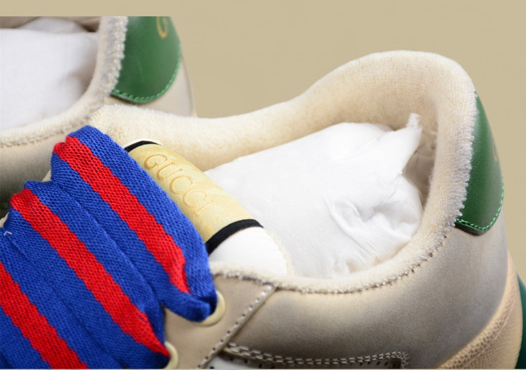 Gucci Screener Heritage Low Vintage White Perforated Leather with Web Stripe & Dual-Tone Laces