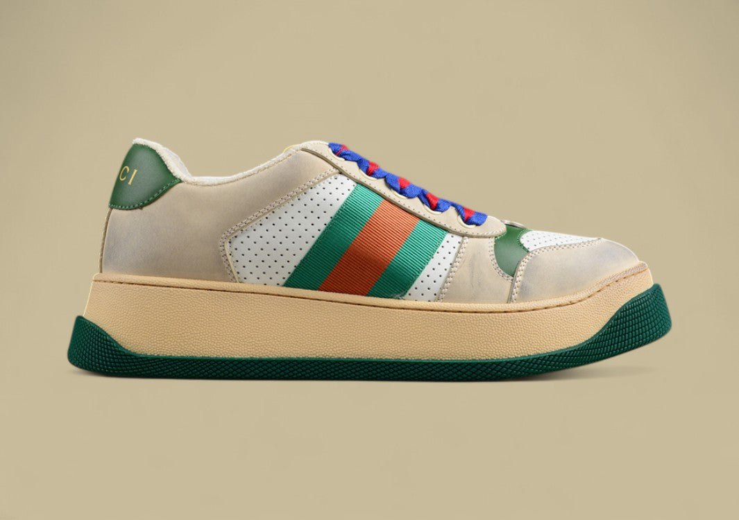 Gucci Screener Heritage Low Vintage White Perforated Leather with Web Stripe & Dual-Tone Laces