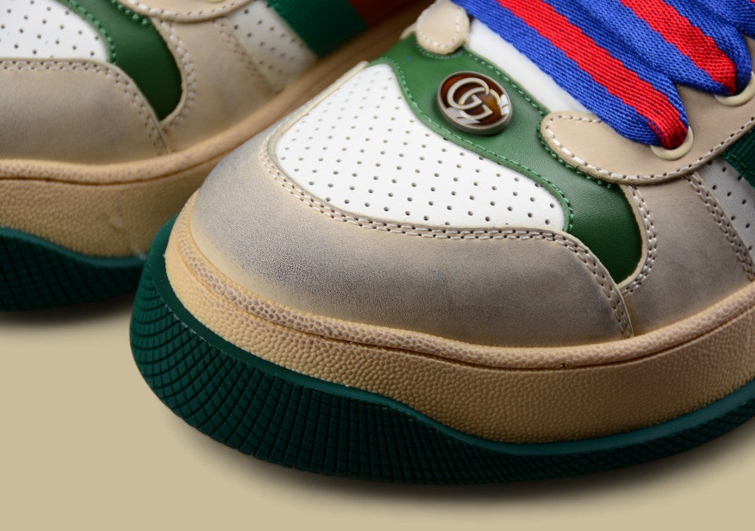 Gucci Screener Heritage Low Vintage White Perforated Leather with Web Stripe & Dual-Tone Laces