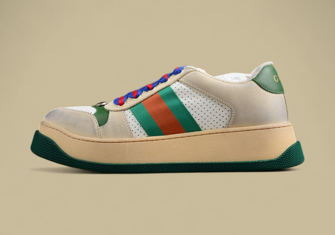 Gucci Screener Heritage Low Vintage White Perforated Leather with Web Stripe & Dual-Tone Laces