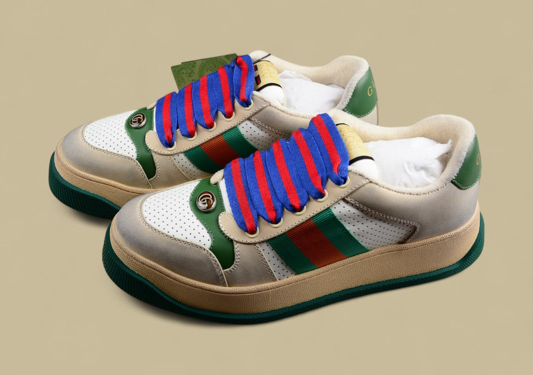 Gucci Screener Heritage Low Vintage White Perforated Leather with Web Stripe & Dual-Tone Laces