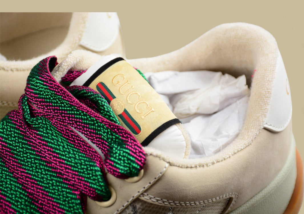 Gucci Screener Retro Low Beige GG Monogram Sneakers with Gum Sole & Twisted Web Laces