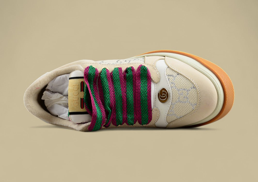 Gucci Screener Retro Low Beige GG Monogram Sneakers with Gum Sole & Twisted Web Laces
