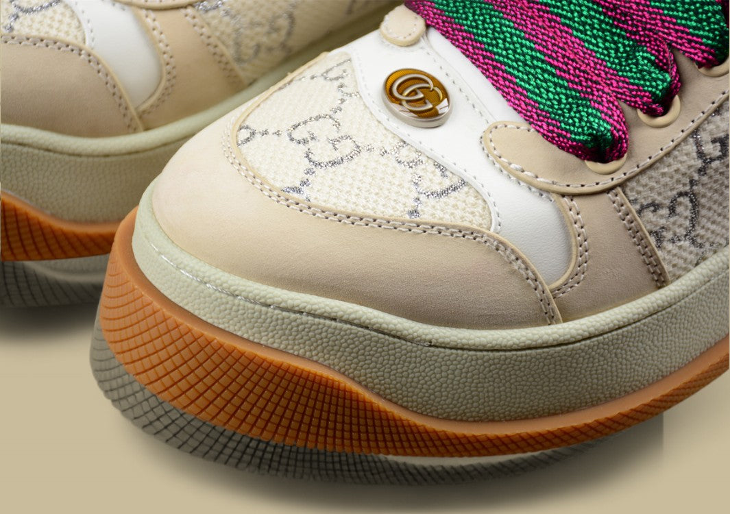 Gucci Screener Retro Low Beige GG Monogram Sneakers with Gum Sole & Twisted Web Laces