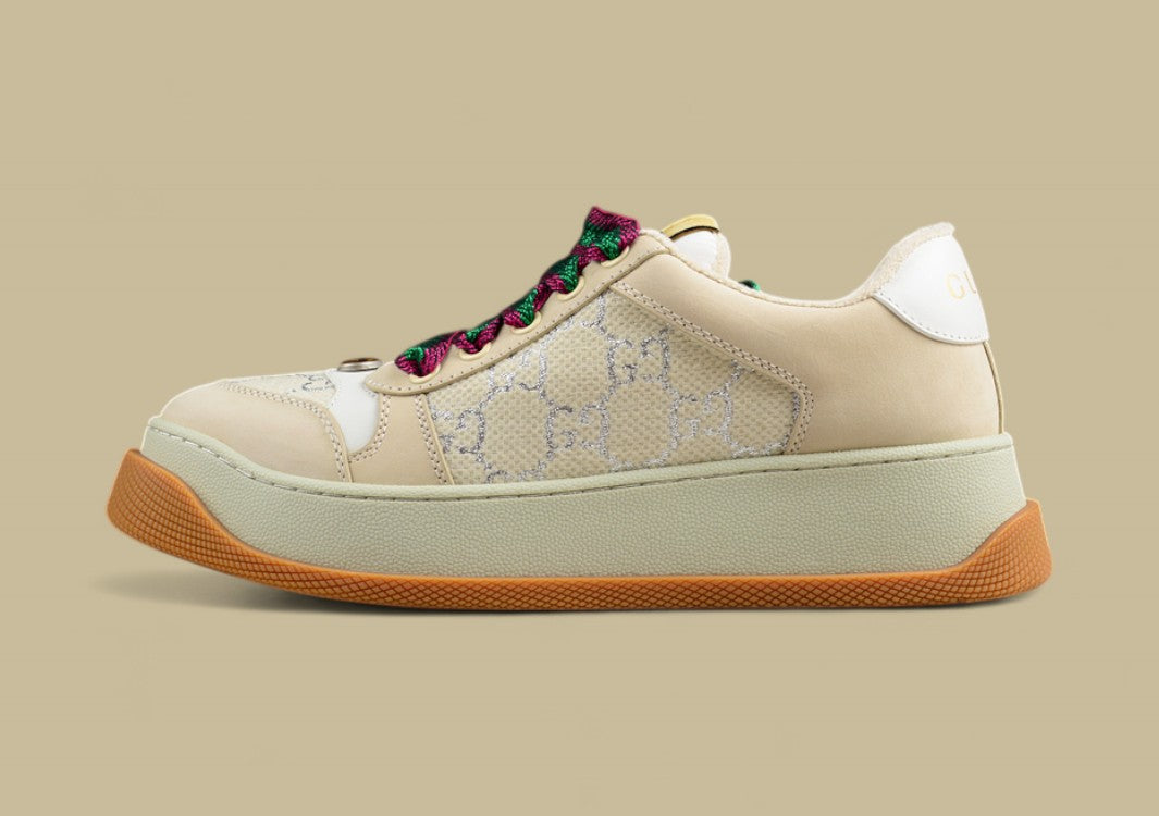 Gucci Screener Retro Low Beige GG Monogram Sneakers with Gum Sole & Twisted Web Laces