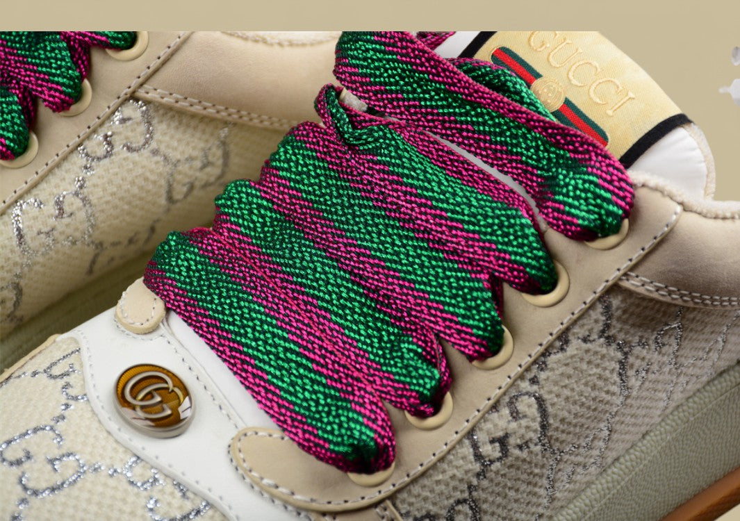 Gucci Screener Retro Low Beige GG Monogram Sneakers with Gum Sole & Twisted Web Laces