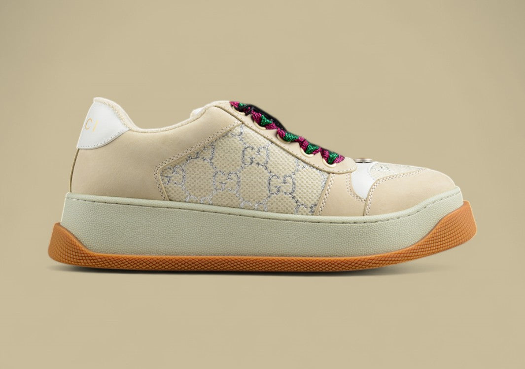 Gucci Screener Retro Low Beige GG Monogram Sneakers with Gum Sole & Twisted Web Laces