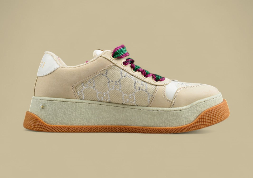 Gucci Screener Retro Low Beige GG Monogram Sneakers with Gum Sole & Twisted Web Laces