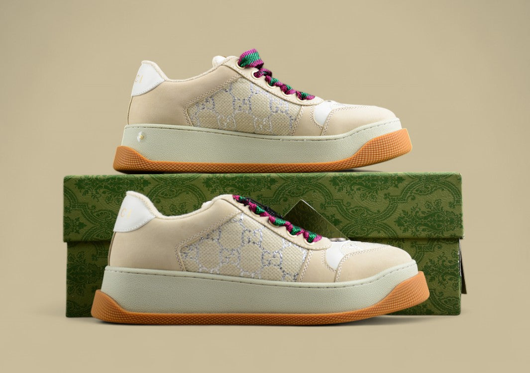 Gucci Screener Retro Low Beige GG Monogram Sneakers with Gum Sole & Twisted Web Laces