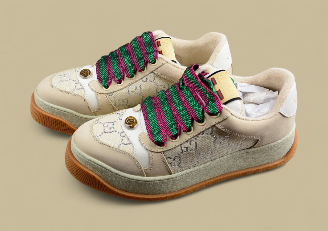 Gucci Screener Retro Low Beige GG Monogram Sneakers with Gum Sole & Twisted Web Laces