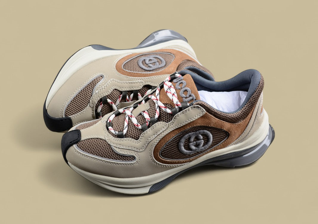 Gucci Screener Velocity Sneakers Earth-Tone Trainers with Mesh, Suede & Embossed GG