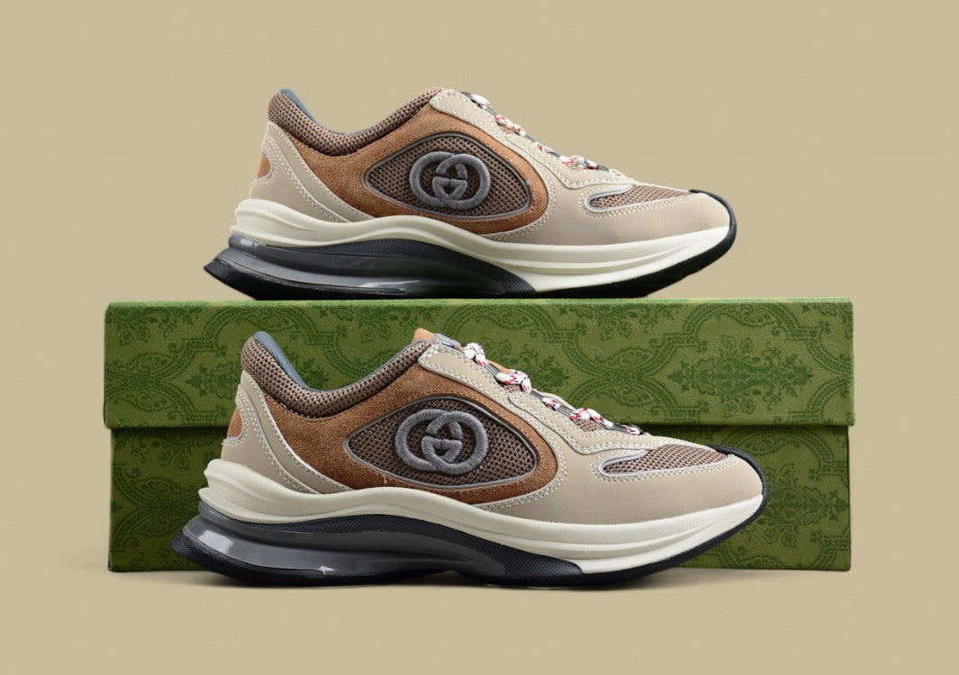 Gucci Screener Velocity Sneakers Earth-Tone Trainers with Mesh, Suede & Embossed GG