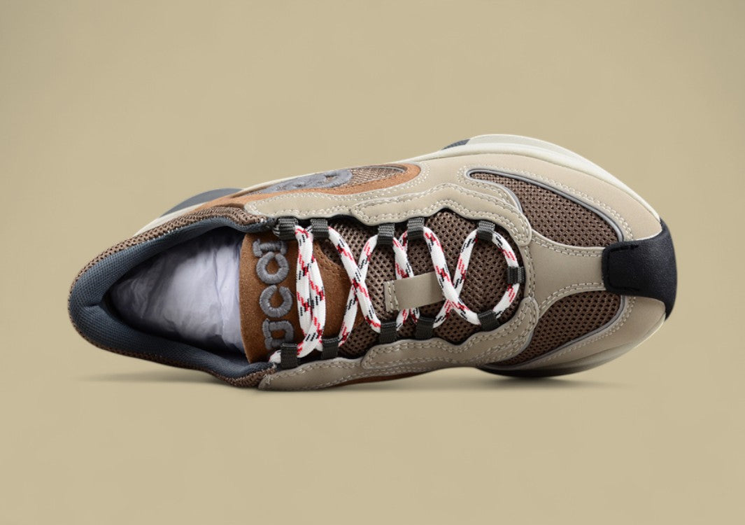 Gucci Screener Velocity Sneakers Earth-Tone Trainers with Mesh, Suede & Embossed GG