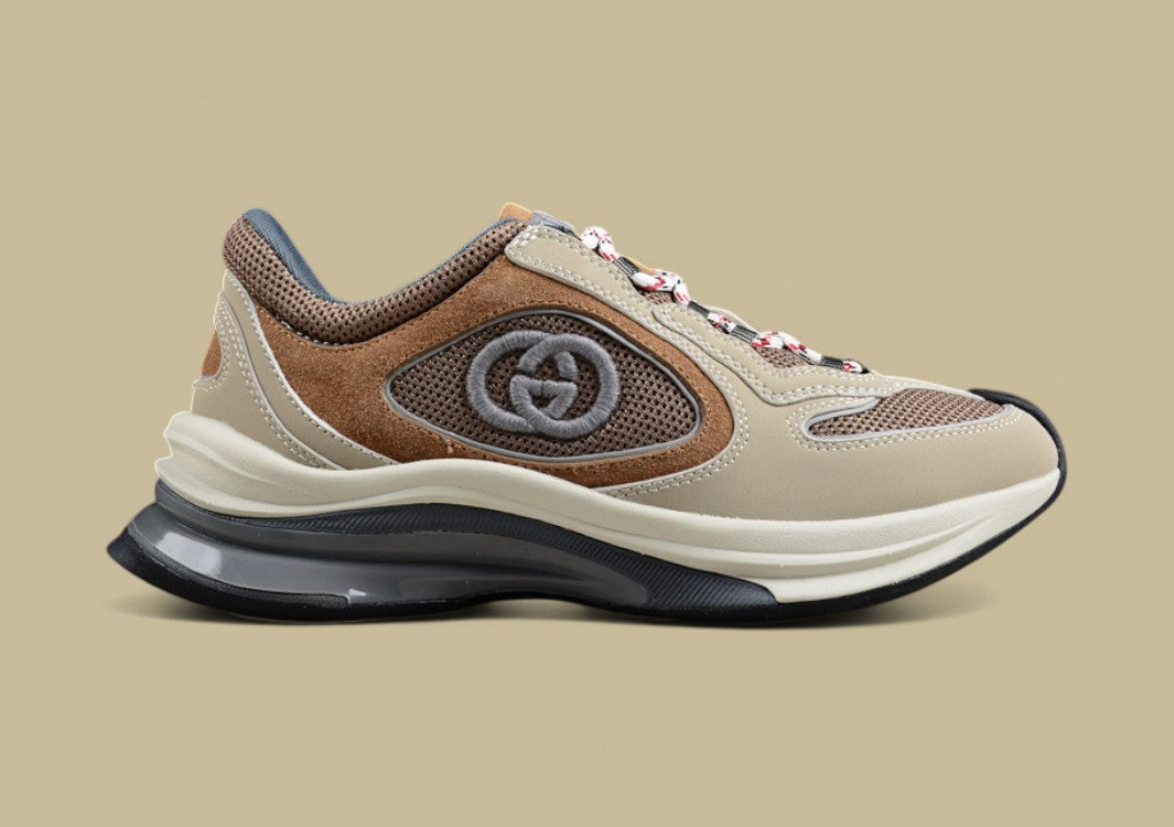 Gucci Screener Velocity Sneakers Earth-Tone Trainers with Mesh, Suede & Embossed GG