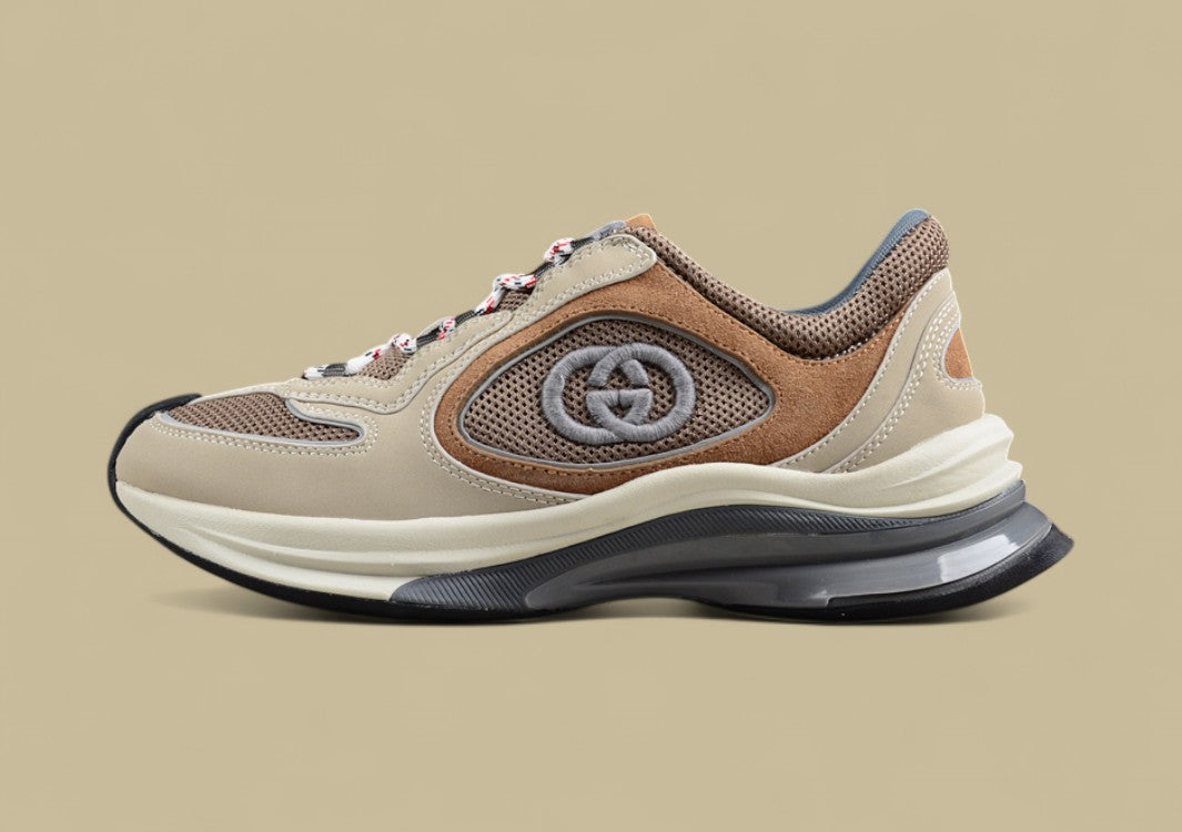 Gucci Screener Velocity Sneakers Earth-Tone Trainers with Mesh, Suede & Embossed GG
