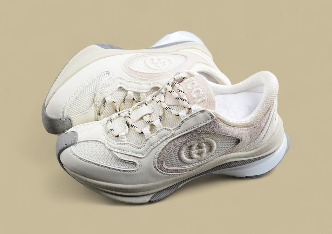 Gucci Screener Velocity Sneakers Monochrome Cream Mesh Trainers with Suede & GG Detailing