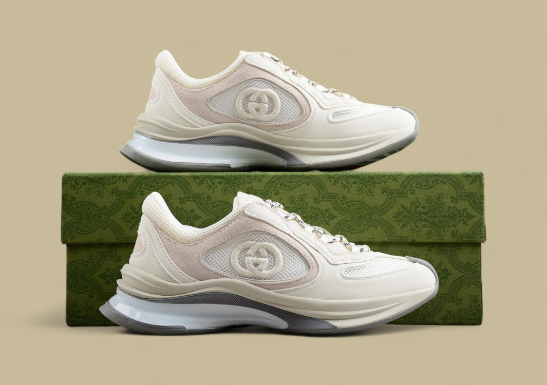 Gucci Screener Velocity Sneakers Monochrome Cream Mesh Trainers with Suede & GG Detailing
