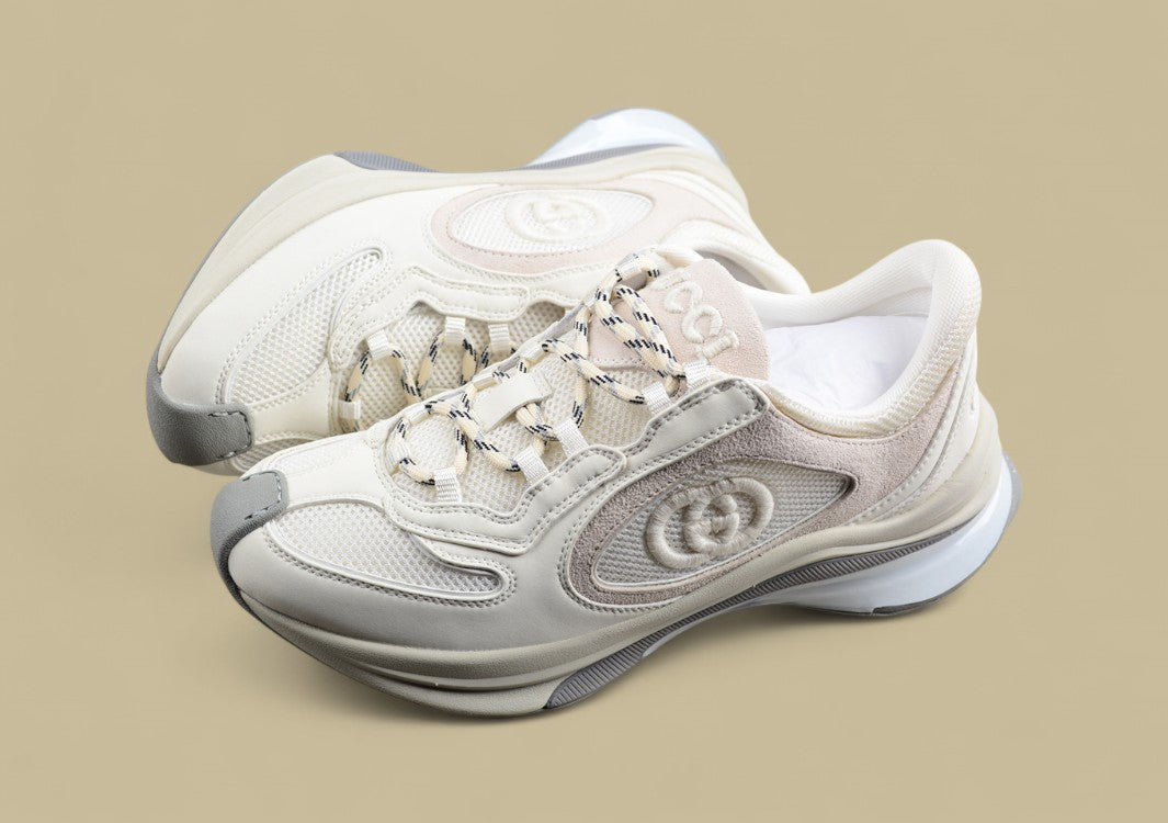 Gucci Screener Velocity Sneakers Monochrome Cream Mesh Trainers with Suede & GG Detailing