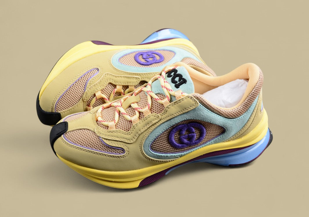 Gucci Screener Velocity Sneakers Multicolor Pastel Trainers with GG Logo and Airy Mesh Upper