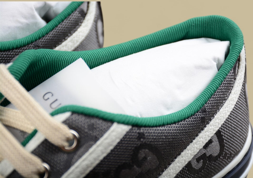 Gucci Tennis 1977 Low GG Monogram Canvas in Gray with Web Stripe & Navy Sole