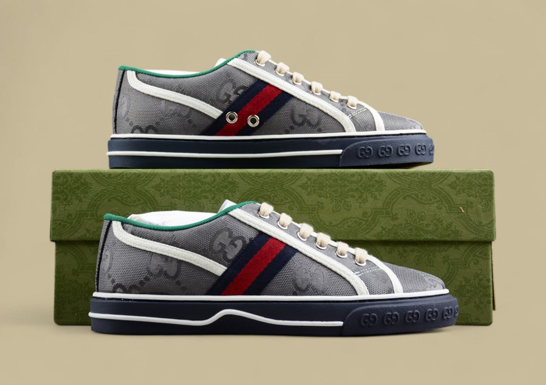 Gucci Tennis 1977 Low GG Monogram Canvas in Gray with Web Stripe & Navy Sole